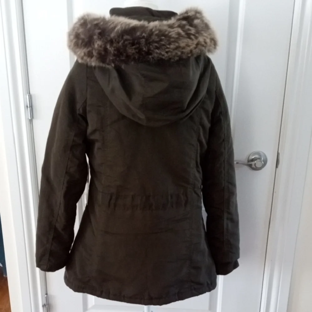 Women's Dark Green Parka Coat with Fur Trim - Picture 5 of 11